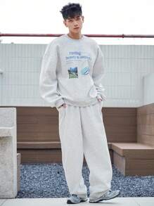 DAZY Men's Letter Print Sweatshirt Set, Autumn - Grey - View 3