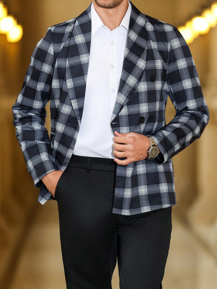 Manfinity Homme 男士格纹披肩领双排扣休闲西装外套,秋季 - 黑色 - 查看 1