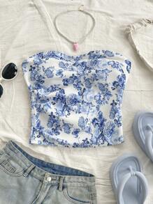 Soleia Holiday Women Floral Print Bandeau Crop Knit Vest, Summer Top