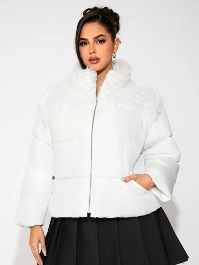 SHEIN SXY 大码女式蓬松拼接夹棉大衣，宽松版型，适合秋冬季