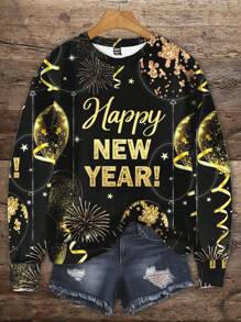 SHEIN LUNE 2025 Celebration Balloon & Fireworks Graphic Loose Fit Crew Neck Knit Sweater, Suitable For Autumn/Winter - Black - View 1