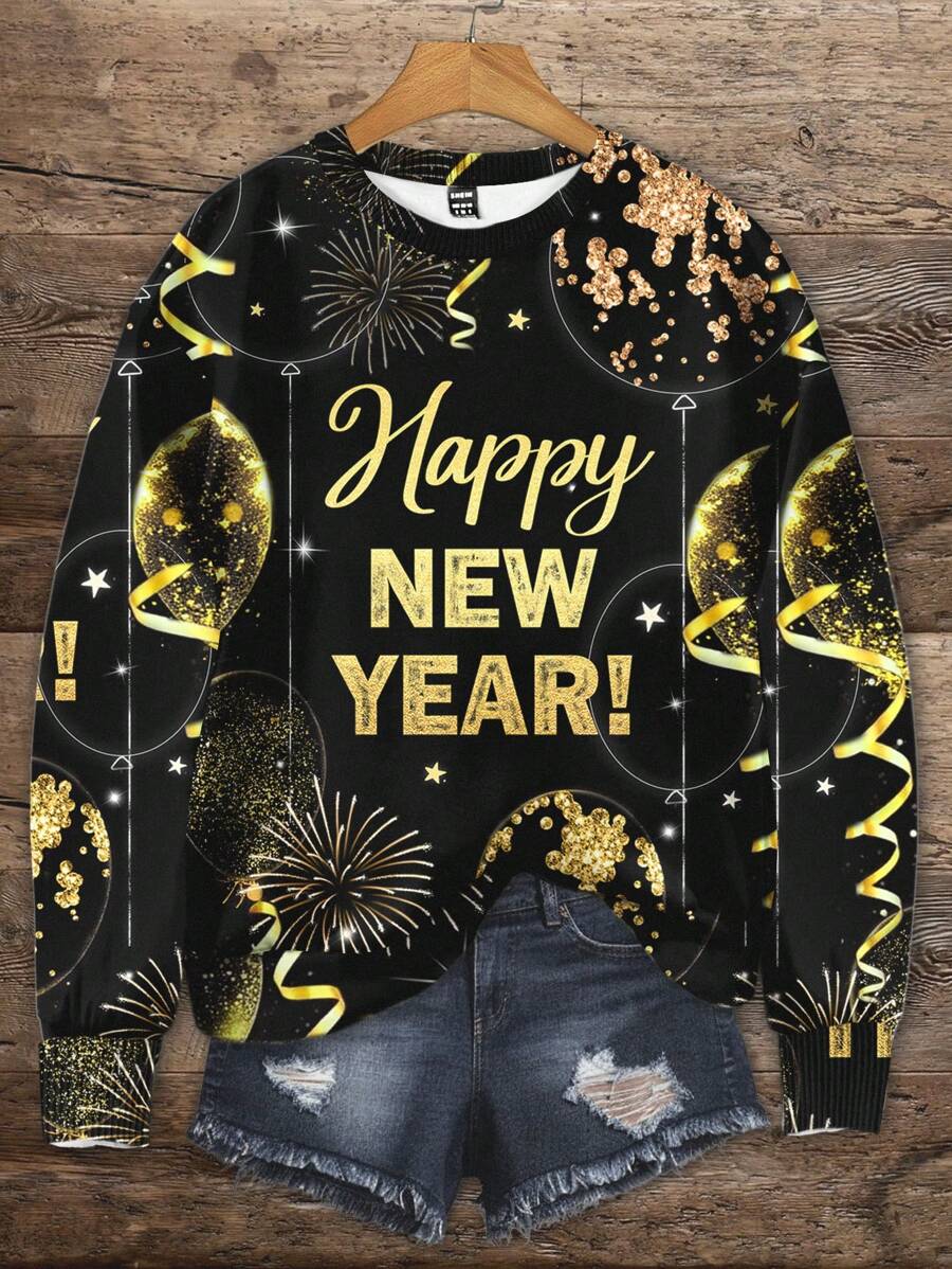 SHEIN LUNE 2025 Celebration Balloon & Fireworks Graphic Loose Fit Crew Neck Knit Sweater, Suitable For Autumn/Winter - Black - View 1