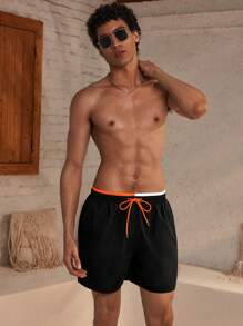 Manfinity Swimmode Contrasterende patchwork strandshorts met vetersluiting voor heren, vakantie, Hawaïaans