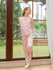 2 件套女童休闲心形印花长袖上衣和裤子家居服套装 - 粉色 - 查看 4