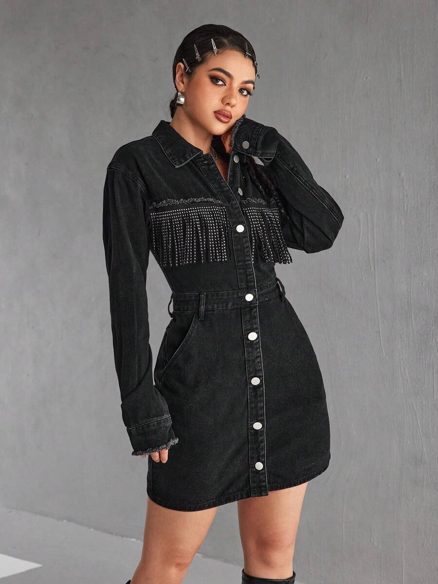 SHEIN PETITE Women's Autumn Splicing Fringe Long Sleeve Single-Breasted Casual Denim Dress - Black - View 1