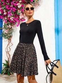 SHEIN VCAY Figurbetontes Mini-Kleid für Frauen mit Rundhalsausschnitt, Nadel-gewebter Ziernaht und Langarm