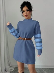 Elenzga Váy len ngắn tay dài cổ đứng trễ vai màu trơn cho nữ mùa thu/đông - Màu xanh bụi bặm - Xem 5