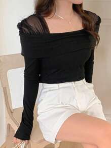 DAZY Women Square Neck Solid Mesh Contrast Long Sleeve T-Shirt, Casual,Fall Clothes