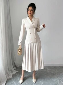 Selianne 女士优雅通勤翻领双排扣收腰褶边长袖长裙，春/秋/冬长款女装秋季服装 - 杏色 - 查看 3