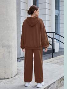 SHEIN Leap Crew Teen Girls Brown Solid Color/Graphic Letter/Hoodie/Pockets Sweatpants/Casual 2 Pieces Set/Preppy Style/Sportswear Set - Brown - View 2