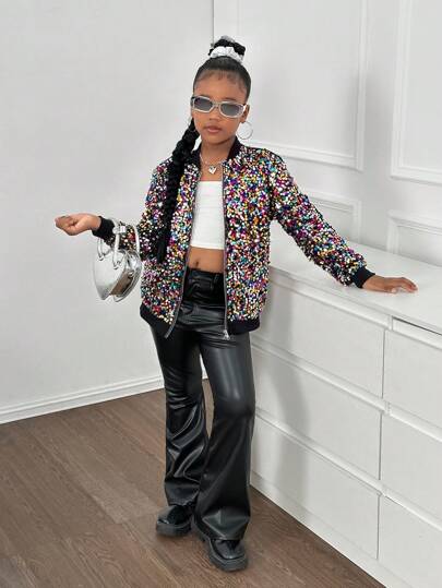 SHEIN Leap Crew Tween Girl 休闲珍珠装饰圆领开衫，长袖，秋冬款
