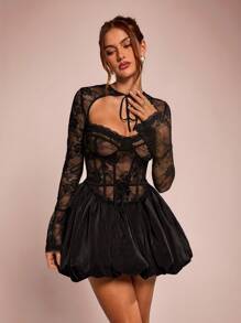 SHEIN BAE Summer Wear, Autumn Inner Dress, Black Lace Corest Dress, Tea Break Style, Court Style, Suitable For Dating, Afternoon Tea, Party, Travel Wear, Long-Sleeved Top, Women's Dress, Bubble Dress, Lantern Dress, Bud Dress - Black - View 6