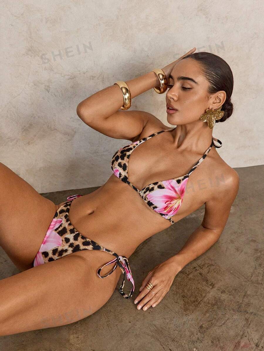 SHEIN Swim Set de 2 piezas Bikini con estampado floral y de leopardo sexy con cordones para mujer, para el verano