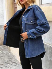 SHEIN LUNE 女式前扣长袖口袋牛仔夹棉夹克 - 深色水洗藍 - 查看 6