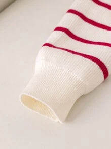 Girls' Contrast Color Black & White Striped Knitted Sweater, Juniors' Elegant Crew Neck Pullover For Commuting - Red - View 7
