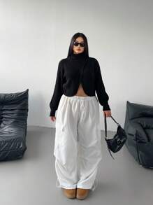 Flirla 大码时尚俏皮高领短款长袖修身针织套头衫，秋冬款 - 黑色 - 查看 3