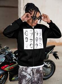 PAVTROS Manfinity Streetrush Men's Casual Figure Print Hoodie Sweatshirt, Autumn/Winter,Men's Young Streetwear INS Black And White Poster Portrait Hot Stamping Oversized Design Black Zipper Pullover Hoodie,Oversized Graphic Zipper Pullover Hoodie ,Fall Men Clothes ,Y2K , Rapper - Black - View 4