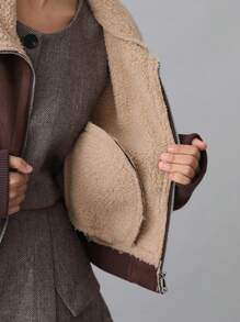 GENKIRA Fashionable Motorcycle Loose Faux Fur Contrast Color Lapel Long Sleeve Jacket For Women - Coffee Brown - View 4