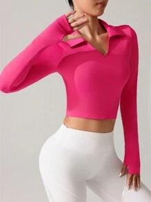 SHEIN Sovereign Charm Casual Solid Color Slim Fit Cropped Sports Polo Shirt - Hot Pink - View 5
