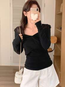 DAZY Women Square Neck Solid Mesh Contrast Long Sleeve T-Shirt, Casual,Fall Clothes