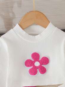 SHEIN Playful Pals Baby Girl Autumn Winter Fashionable Floral Textured Pullover Top And Colorblock Pants Set - Hot Pink - View 4