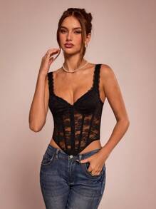 SHEIN BAE Fancy Lace Patchwork Corset Seam And Asymmetrical Hemline Cami Top