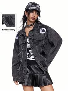 ROMWE Grunge Punk Grunge Punk Distressed Rock Band Party Denim Jacket With Washing, Chain, Embroidered Spider, And Fuzzy Star Eyes Decor, Oversized For Women