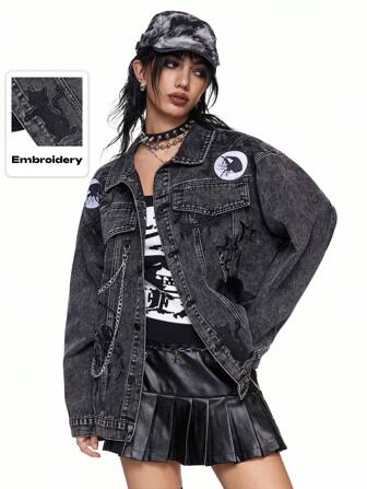 Grunge Punk Grunge Punk Distressed Rock Band Party Denim Jacket With Washing, Chain, Embroidered Spider, And Fuzzy Star Eyes Decor, Oversized For Women
