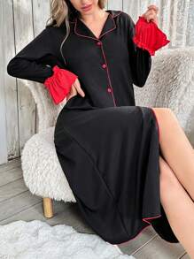 Women Color Block Trim Front Button Long Sleeve Simple Casual Nightgown - Black - View 1