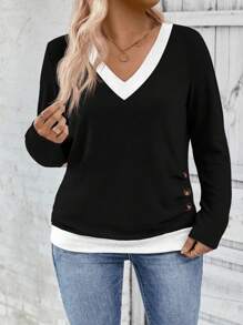 INAWLY 大码女式撞色 V 领休闲 T 恤，简约时尚日常穿着 - 彩色 - 查看 4