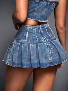 SHEIN ICON Women's Casual Frayed Hem Pleated Denim Mini Skirt - Light Wash - View 3