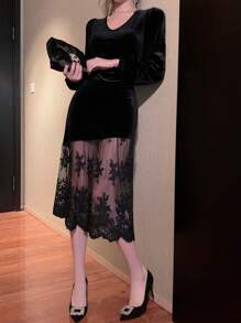 DAZY Autumn New Ladies Elegant Solid Color Lace Patchwork Dress,Ruffle Long Sleeve Dress - Black - View 6