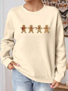 INAWLY Áo sweatshirt nữ tay dài cổ tròn in hình người bánh gừng Giáng sinh, kiểu dáng thường ngày, thích hợp mặc mùa thu/đông. - Màu be - Xem 7
