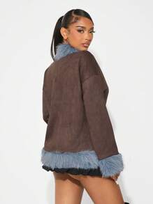SHEIN SXY Women's Thick PU Color-Blocking Fluffy Collar Jacket, Autumn/Winter - Multicolor - View 2