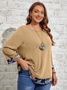 EMERY ROSE Women Plus Size Plant Print Patchwork Loose Round Neck Casual T-Shirt, Autumn