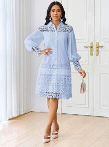 SHEIN Lady Vestido camisero elegante y casual de verano, de largo midi, con contraste de encaje blanco para mujer