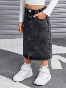 SHEIN Falda vaquera negra básica estilo Y2K para niñas jóvenes, conjunto cool/atuendo de Acción de Gracias para niñas, ropa de otoño e invierno para niñas