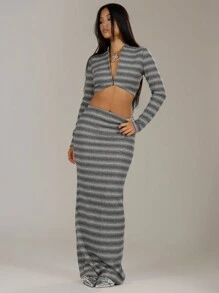 MUSERA Striped Rib Knit Maxi Skirt Spring Casual Y2k 90's Fall Autumn Winter Thanksgiving - Grey - View 1