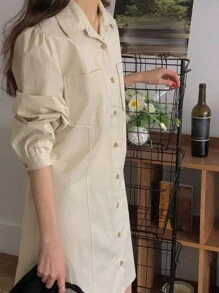 DAZY Women's Solid Color Lapel Cardigan Short Dress, Apricot, Spring/Summer/Autumn Shirt Dress,Fall Women Clothes Long Sleeve Dress - Apricot - View 3