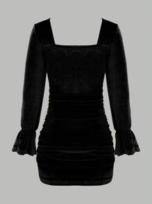 Teen Girl Solid Color Ruffle Bell Sleeve Square Neck Velvet Dress - Black - View 2