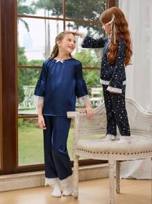 SHEIN Tween Girls Silky Satin Royal Blue Splice Floral Cuff Modest Palazzo Pajamas Set, Casual Sleepwear