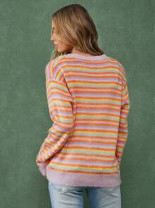 WESTFADE Sommerlicher Oversized Boyfriend Strickjacke mit V-Ausschnitt, langem Ärmel und mehrfarbigem Streifendesign - Verschiedenfarbig - Übersicht 4