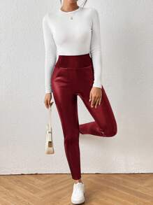 SHEIN Essnce 新年红色女士皮裤、皮革紧身裤、羊毛紧身裤、红色皮裤、冬季女士高腰修身仿皮裤、保暖内衬紧身裤、保暖女士紧身裤、裤子、冬装、女士紧身裤、冬季紧身裤 - 酒紅色 - 查看 5