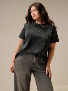 Anewsta Plus Size Women's Modern Short Rhinestone Decor Distressed Short Sleeve T-Shirt