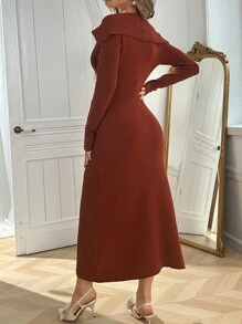 Modelyn Women Elegant Oversized Collar V-Neck Fitted Pearl Button Bodycon Sweater Dress Fall Cloth For Women