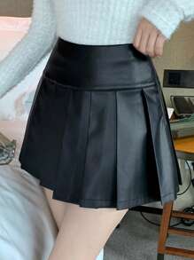 DAZY 女士休闲百搭纯色褶皱PU中长裙秋季半身裙 - 黑色 - 查看 5