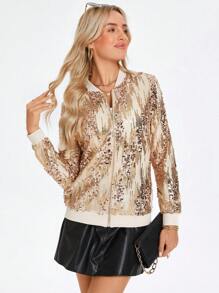 SHEIN LUNE Asymmetrical Pattern Sequin Accent Party Music Festival Classic Zip-Up Flight Jacket For Women, All Season,Holiday Outfits - Champagne - View 3