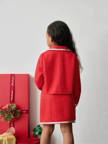 Maija Kids 3 件套年轻女孩长袖 T 恤、高领夹克和迷你裙套装，适合圣诞节 - 紅色 - 查看 8
