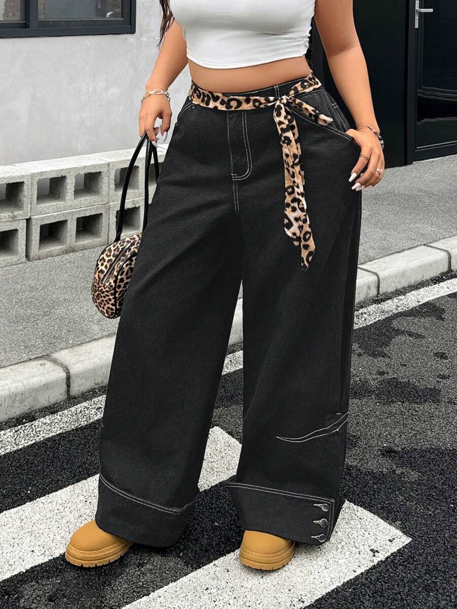 SHEIN ICON Plus Size Front Button Pocket Minimalist Design Denim Jeans, Casual Everyday Wear