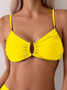 Swim Basics 女士纯色细肩带比基尼上衣和下装比基尼套装夏季 - 黃色 - 查看 4